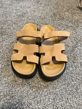 Tan Cutout Slide Sandals